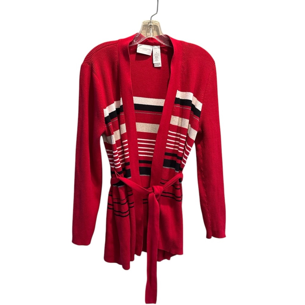 Liz Claiborne Red Striped Open-Front Belted Cardigan